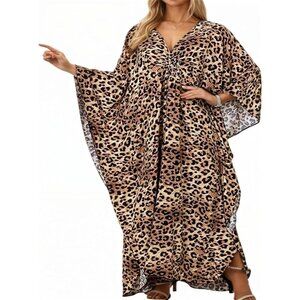 Women's Brown Leopard Sleeve Oversized V-Neck Batwing Dress Resort Caftan Maxi